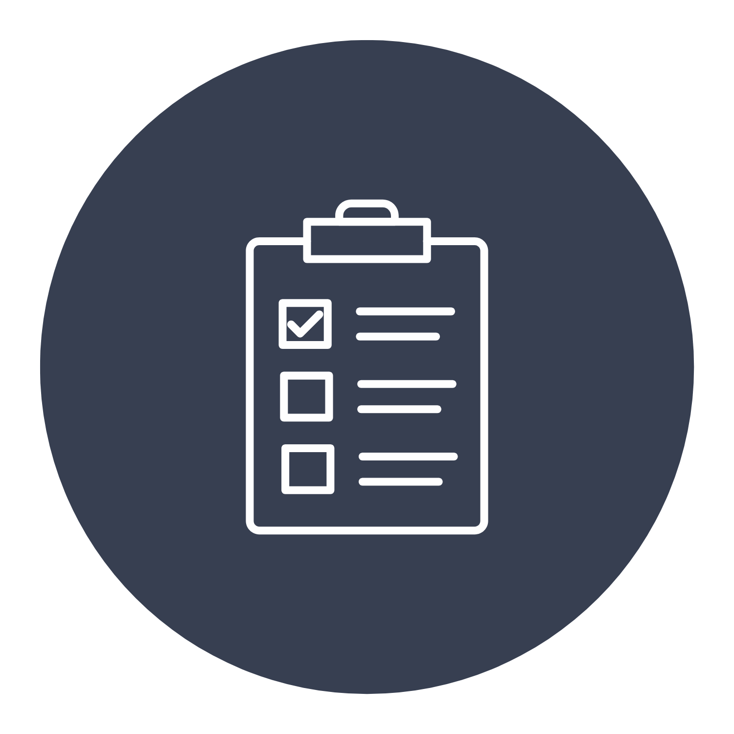 Icon of a clipboard with checkmarks on a dark blue background